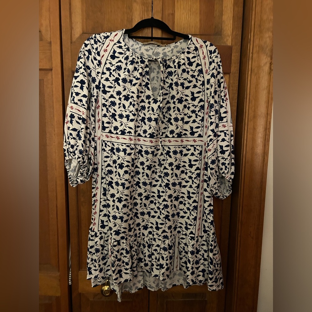 Maria Filo Women’s 6 White & Blue Boho Bohemian Hippie Dress W/ Billowy Sleeves